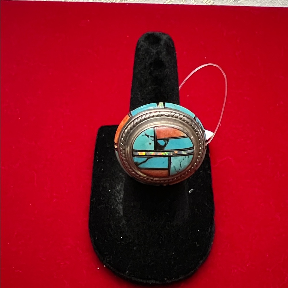 Turquoise and Coral Inlay Ring